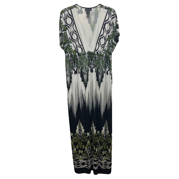 Delusional Maxi Dress L Multicolor Damask V Neck Cap Sleeve Boho Flowy Resort - Picture 2 of 6